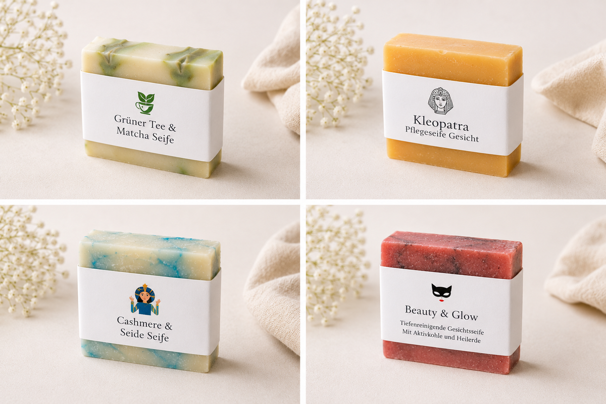 4 handgemachte Gesichtsseifen von Eulenhof im Überblick: Grüner Tee & Matcha, Kleopatra, Cashmere & Seide und Beauty & Glow für verschiedene Hautbedürfnisse