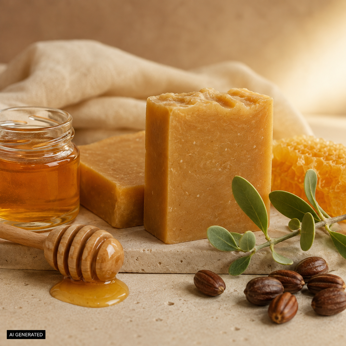 Warmes Stimmungsbild der Honig & Jojoba Gesichtsseife mit echtem Honig, Honigwabe und Jojobasamen als Hinweis auf die reichhaltigen Pflegezutaten.