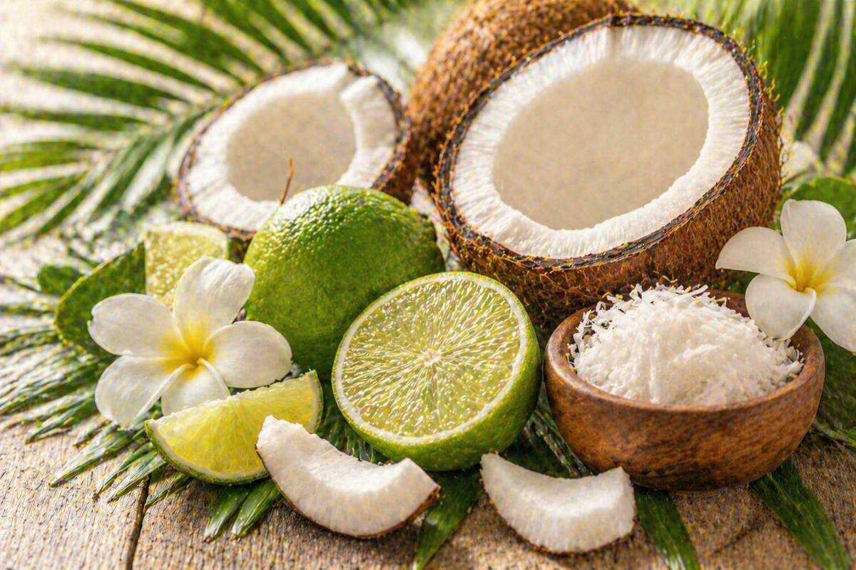 Frisches tropisches Duftbild mit Limetten, Kokosnuss und weißen Blüten auf natürlichem Hintergrund für Lime & Coconut Fragrance Oil