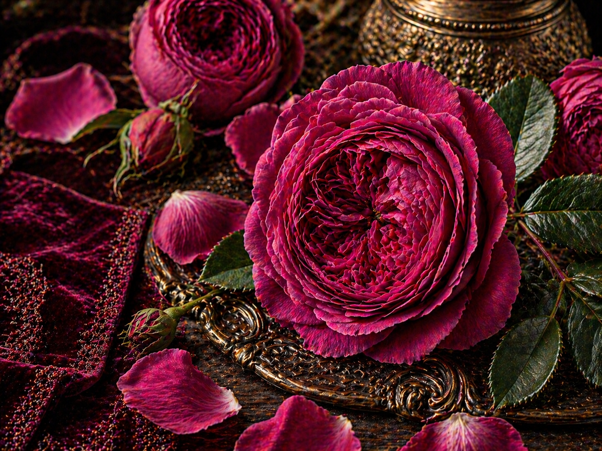 Elegantes Duftbild mit tiefrosa Rosenblüten und dunkler, romantischer Vintage-Atmosphäre für Victorian Rose Fragrance Oil