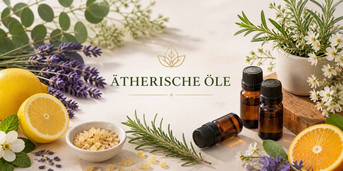 Hochwertiges Bannerbild für ätherische Öle mit Lavendel, Zitrusfrüchten, Rosmarin, Eukalyptus, Blüten und kleinen Braunglasflaschen in heller natürlicher Duftwelt