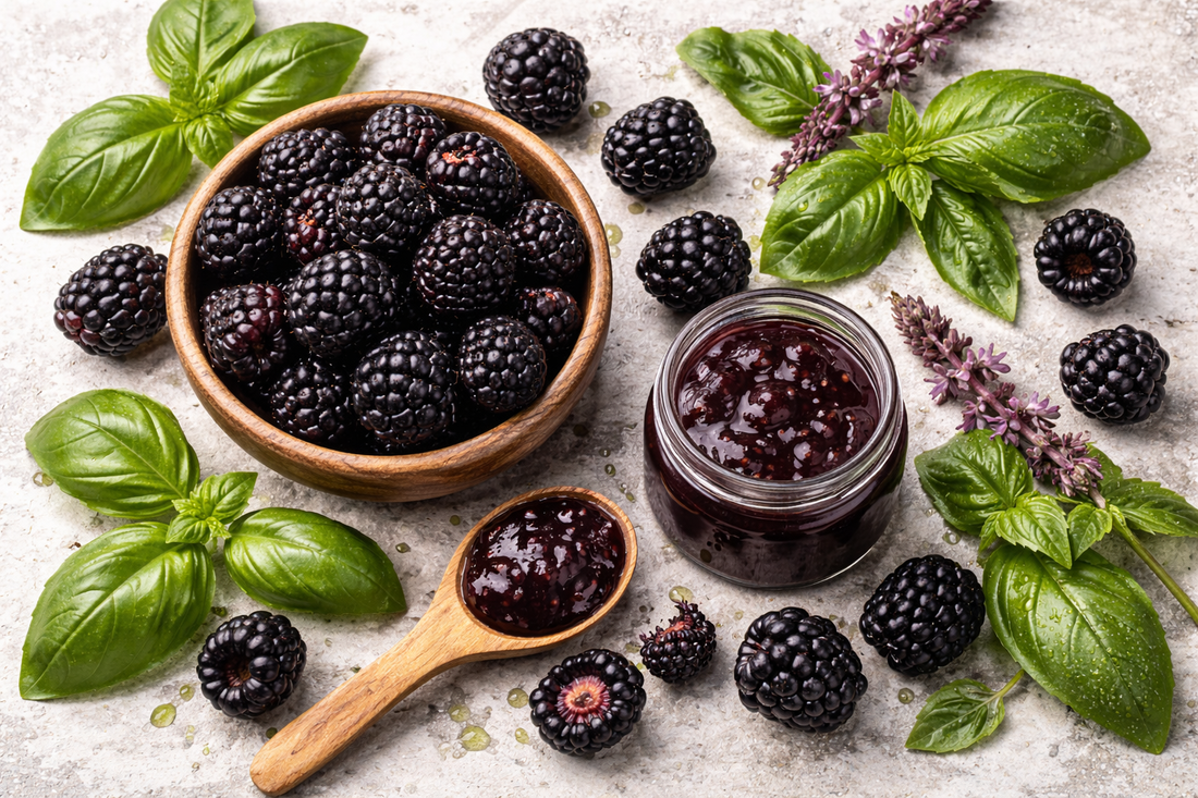 Frische Brombeeren und grüne Basilikumblätter als Duftinspiration für Blackberry Basil Parfümöl