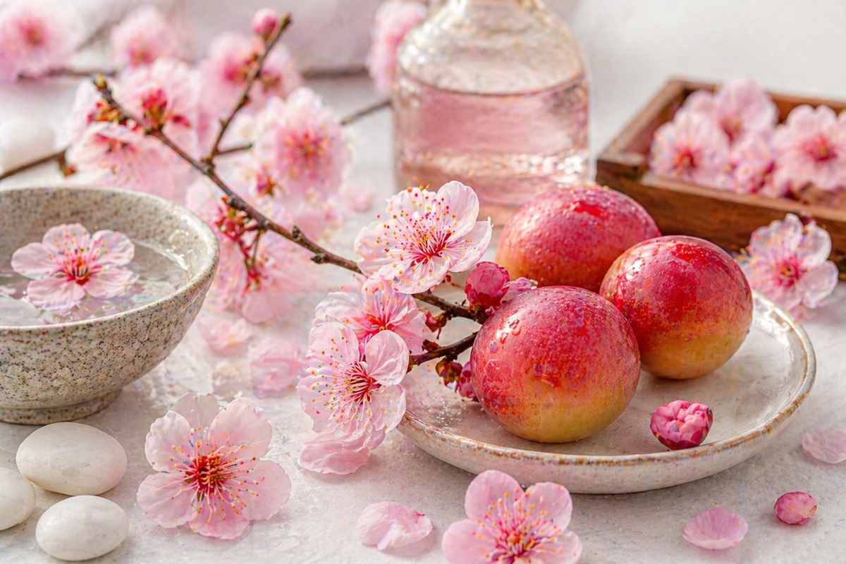 Zartes Duftbild mt Pflaumen und rosafarbenen Blüten auf hellem Hintergrund für Japanese Plum Fragrance oil
