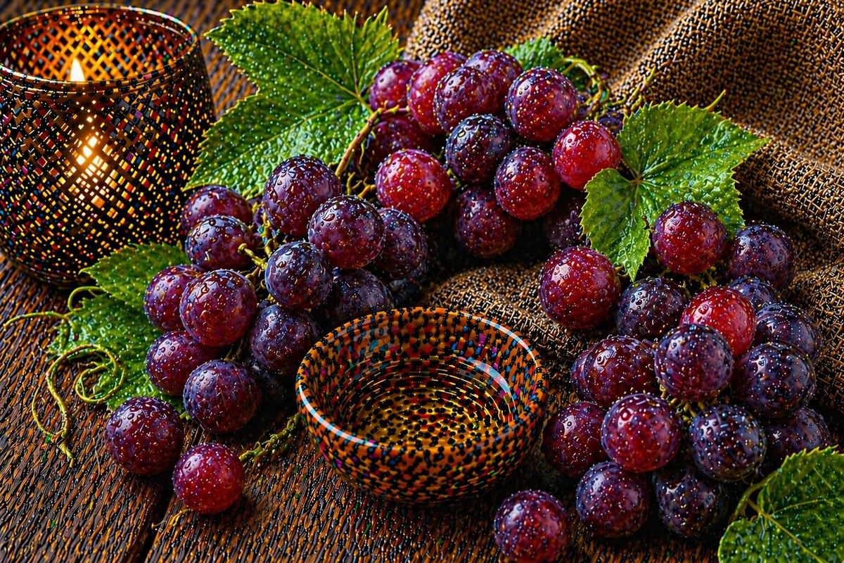 Fruchtiges Duftbild mit dunklen Muscadine-Trauben und natürlicher, saftig-warmer Atmosphäre auf rustikalem Hintergrund für Muscadine Fragrance Oil