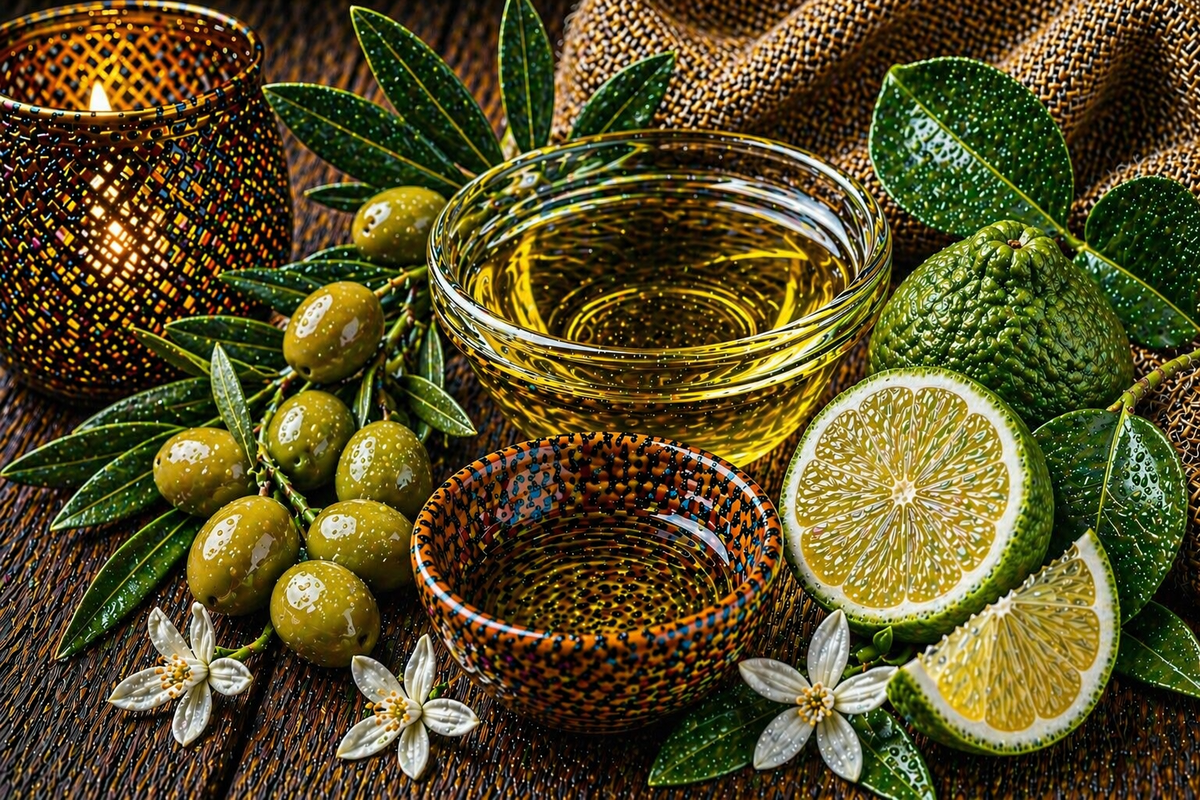 Frisches Duftbild mit Oliven, Bergamotte und natürlicher mediterraner Atmosphäre auf rustikalem Hintergrund für Olive Oil &amp; Bergamot Fragrance Oil